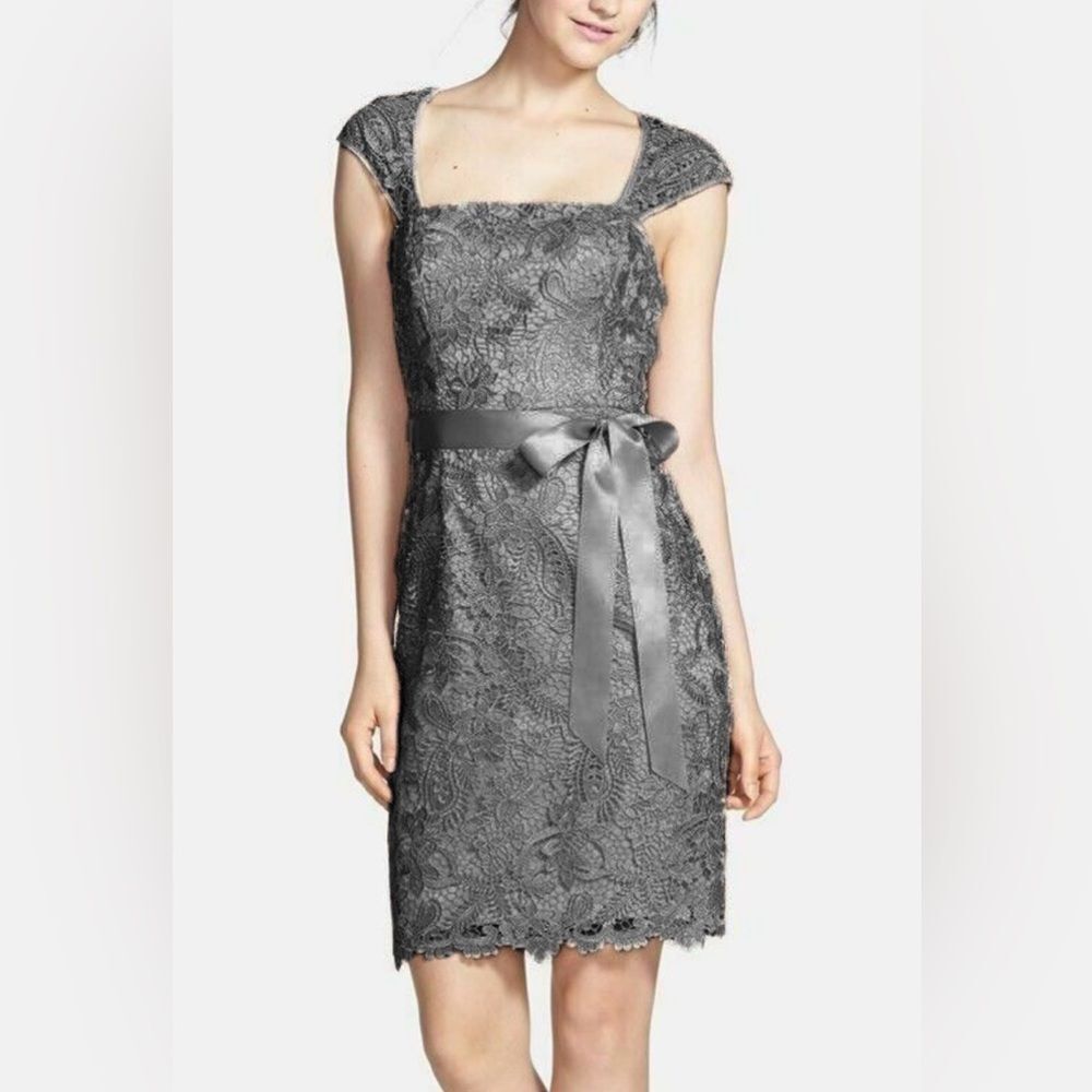 Adrianna Papell Knee Length Formal Sheath Dress Lace Dark Grey Blue Size 6